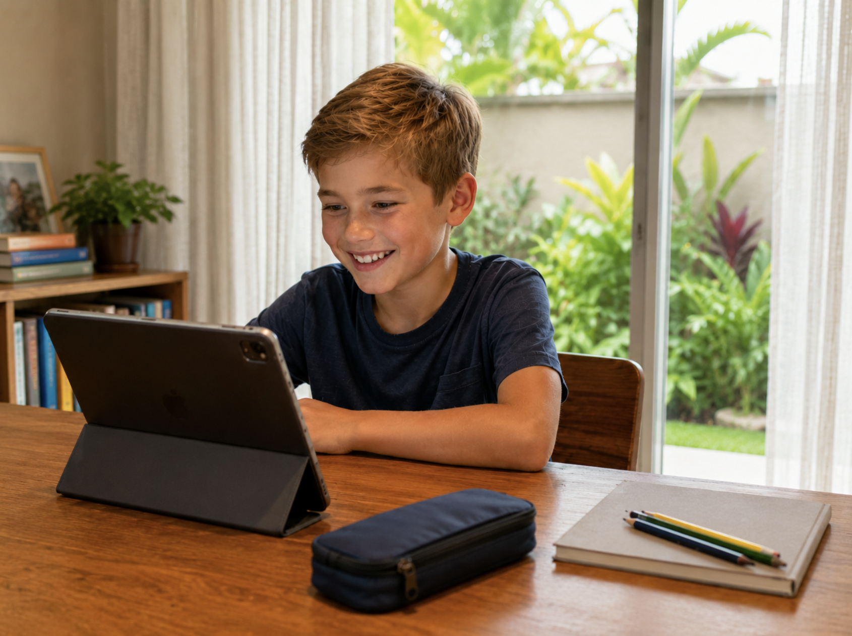 Kind beim Online-Deutschunterricht am Laptop