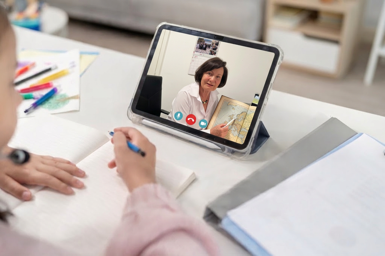 Kind beim Online-Deutschunterricht mit Lehrerin via Tablet
